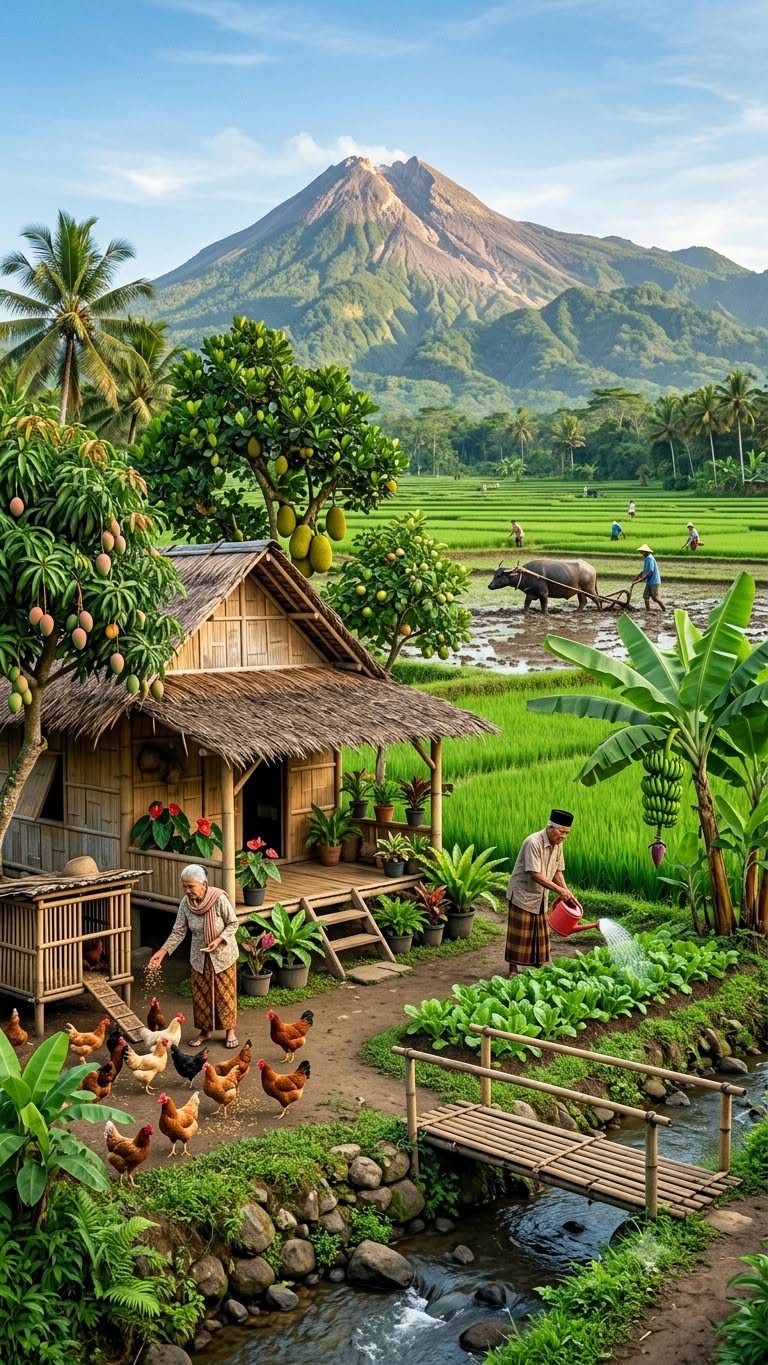Pemandangan desa dan Gunung Merapi Kepuharjo
